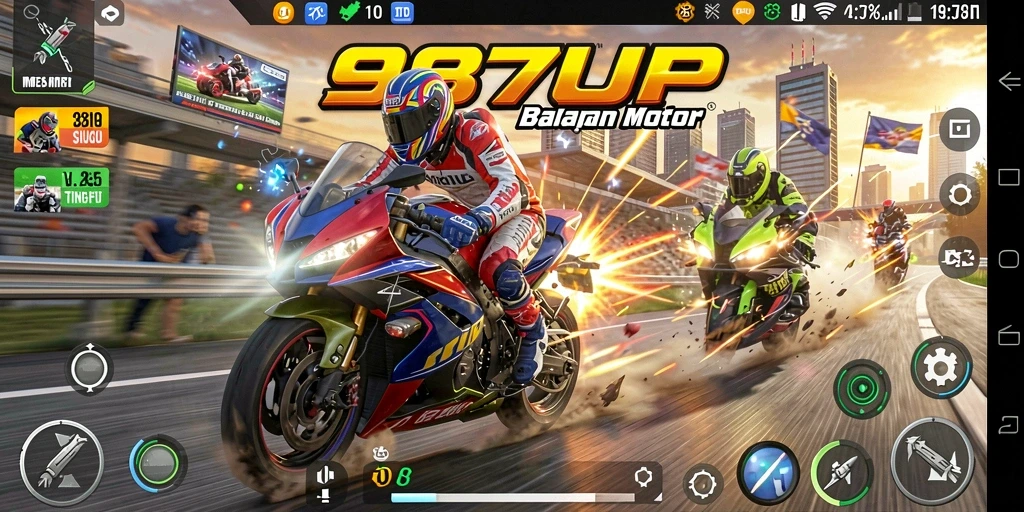 Tampilan gameplay mendebarkan dari 987UP dengan aksi balapan motor.