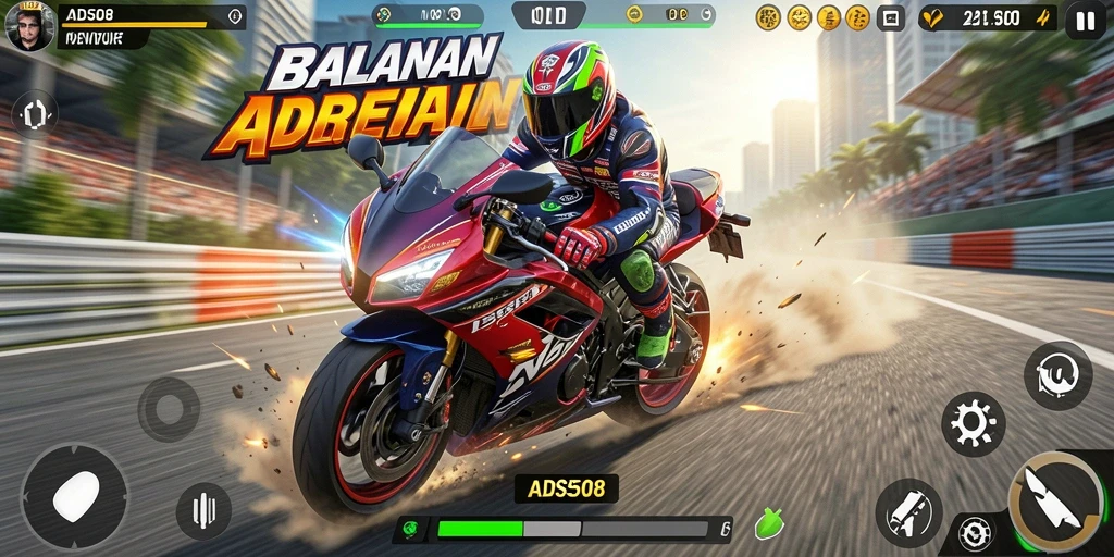 Screenshot gameplay menunjukkan aksi balapan motor yang intens.