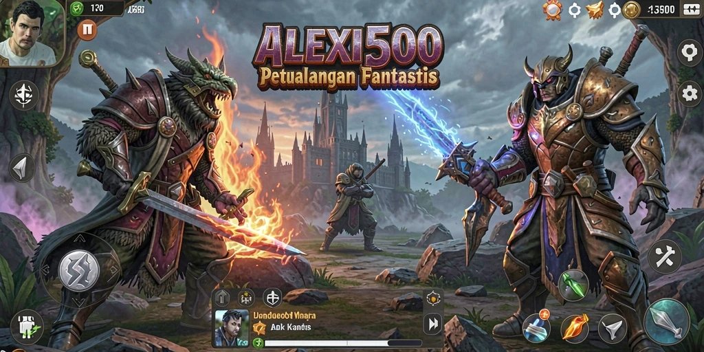 Screenshot gameplay ALEXIS500 dengan karakter bertarung di dunia fantasi.