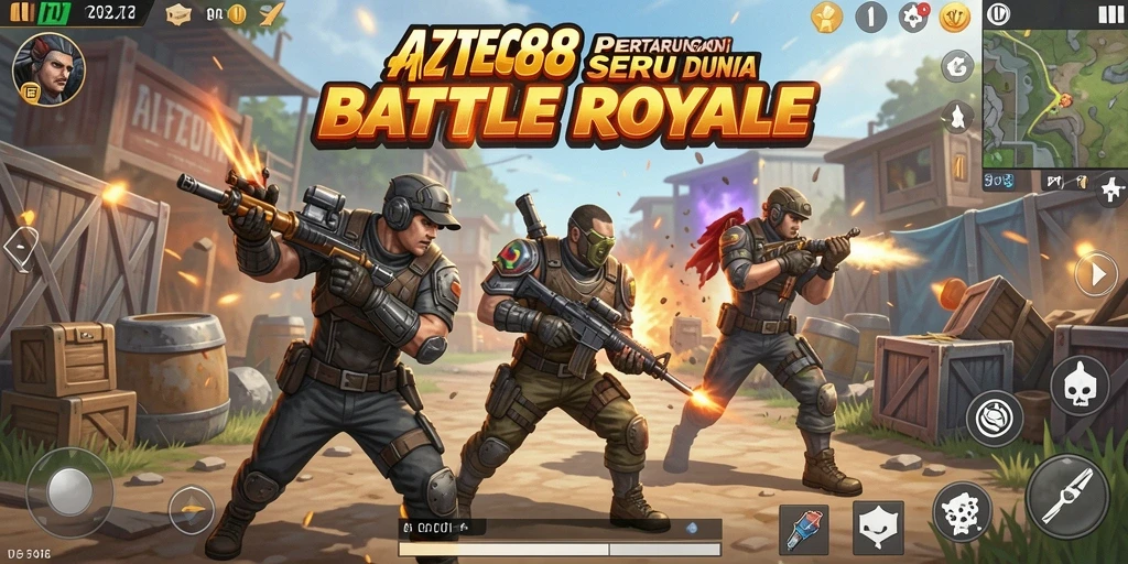 Screenshot gameplay AZTEC88 menampilkan aksi Battle Royale yang mendebarkan.