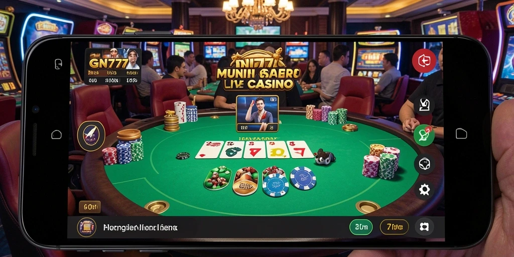 Screenshot gameplay GN777 menampilkan dealer langsung dan suasana kasino.