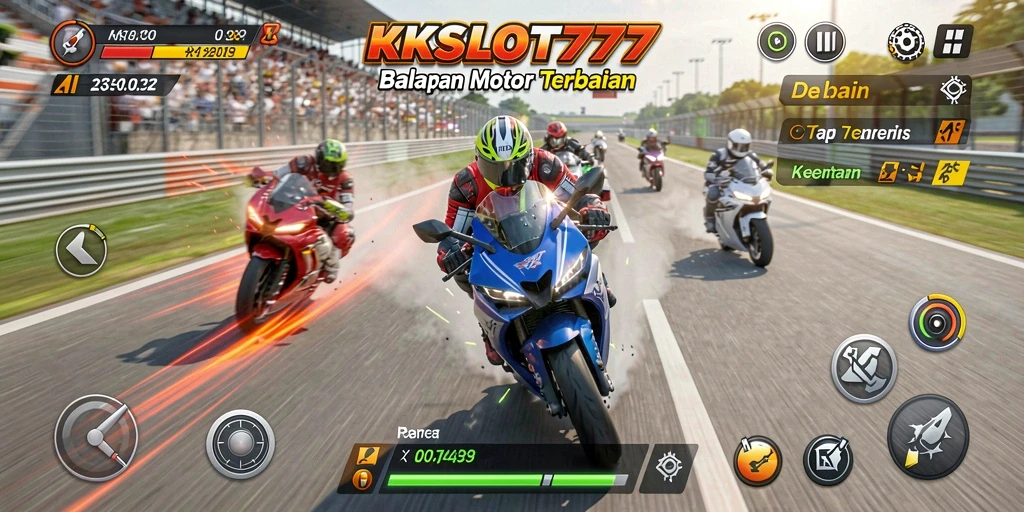 Tampilan gameplay mendebarkan dari KKSLOT777 dengan motor balap yang cepat.
