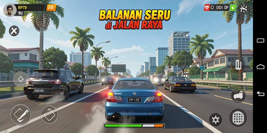Tampilan gameplay RP79 dengan mobil balap yang melaju kencang di lintasan.