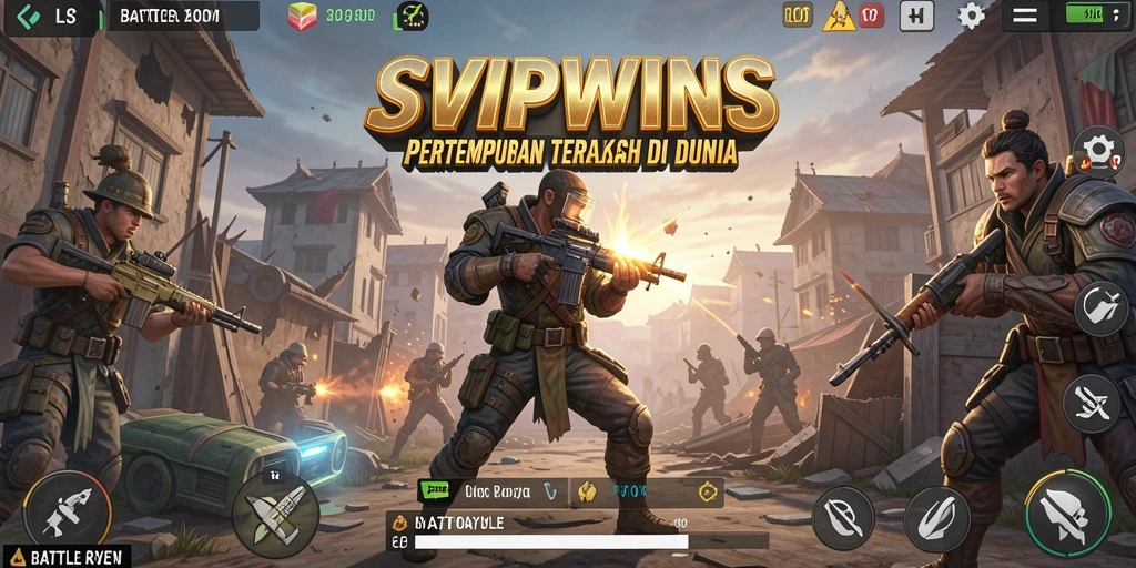 Tangkapan layar gameplay SVIPWINS menunjukkan pertempuran intens di arena Battle Royale.