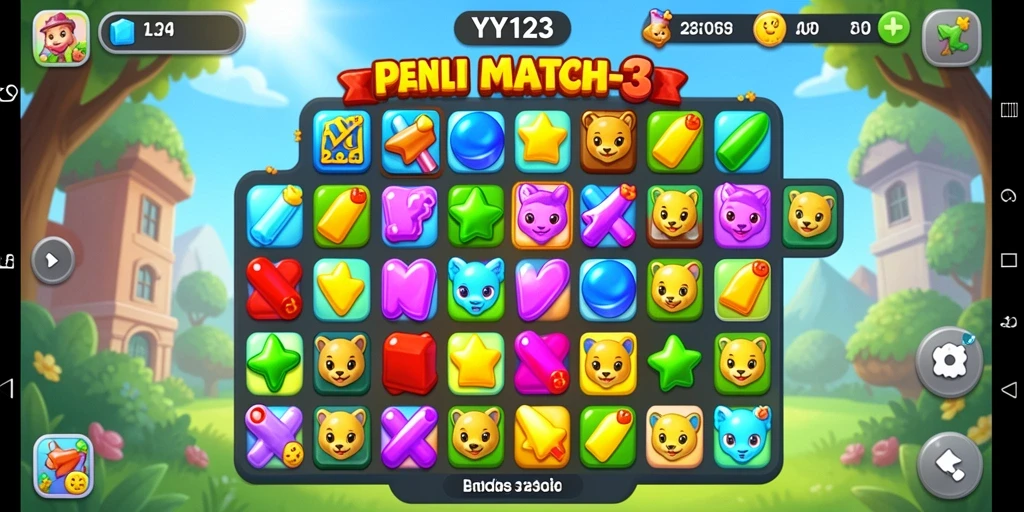 Tampilan gameplay seru dengan pencocokan buah-buahan.